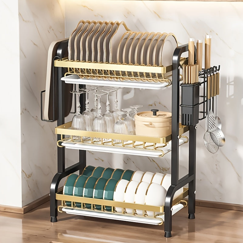 Estante de cocina de acero inoxidable de tres niveles con sistema de drenaje - Soporte de almacenamiento multifuncional para tazas y platos, diseño de gran capacidad que ahorra espacio adecuado para tazas, platos y tablas de cortar.