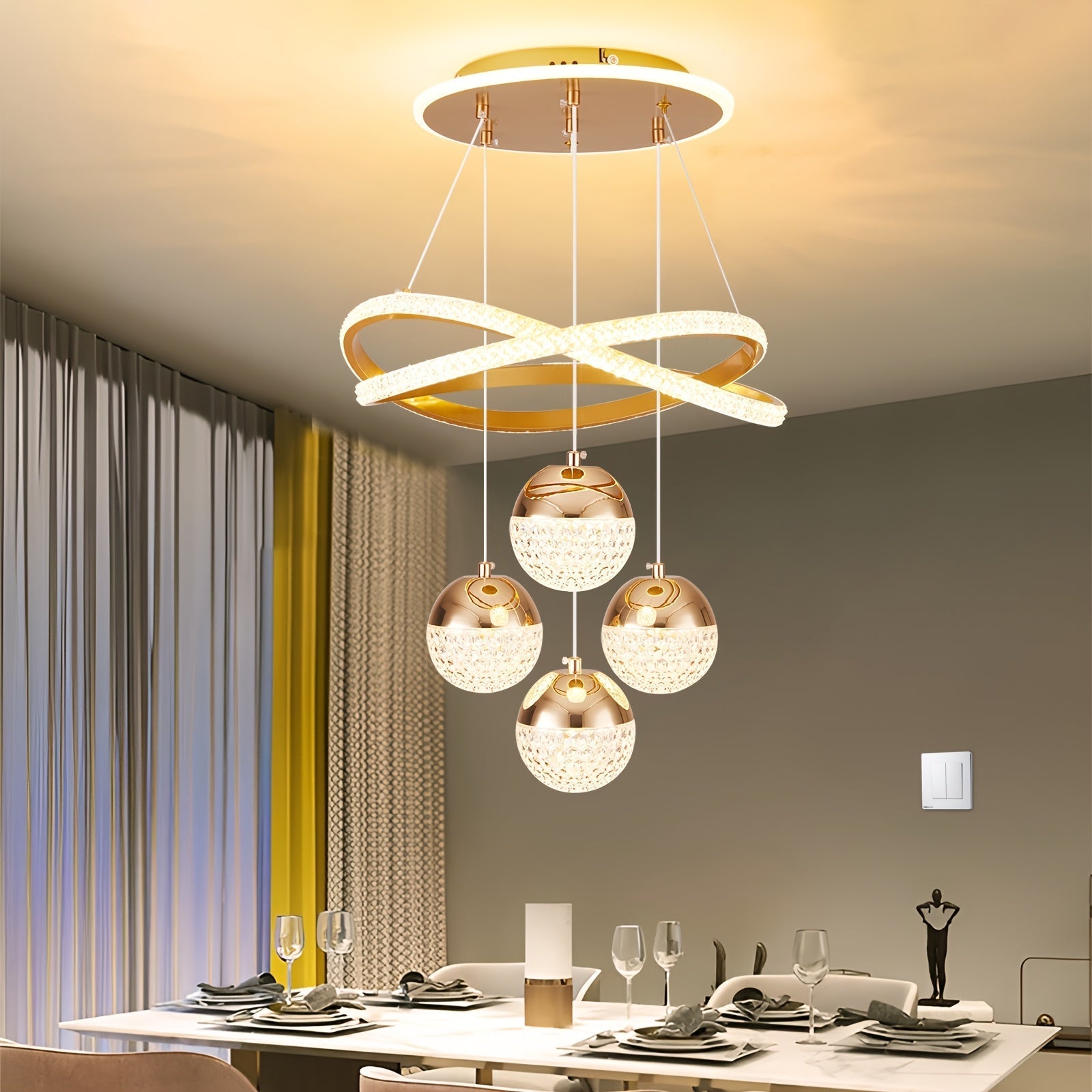 Lámpara colgante LED dorada moderna, regulable, acabado metálico pulido, con hardware de instalación, para comedor, isla de cocina, sala de estar, dormitorio - Conectada eléctricamente, 110V-240V, solución de iluminación para islas | Lámpara de techo ele