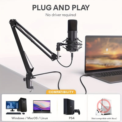 Kit de Micrófono de Condensador USB Profesional con Soporte de Brazo Metálico en Forma de Corazón – Plug & Play, Brazo Giratorio de 360°, Protección contra Rocío y Accesorios para Podcasting, Gaming y Grabación en Vivo, Kit de Micrófono para Podcasting|S