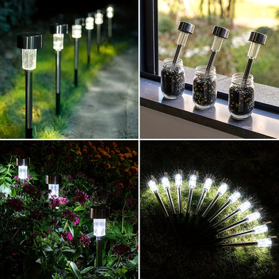 10 Piezas de Luces Solares de Acero Inoxidable para Exteriores, Luces de Palo con Energía Solar para Patio, Césped, Parque, Jardín y Paisajismo, Luz Blanca Fría
