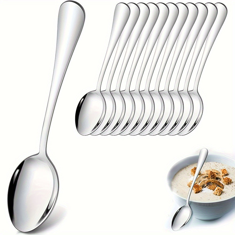 Juego de Cucharas para Cena de Acero Inoxidable de 12 Piezas, Juego de Cucharas para Sopa y Cenas de 17.02cm, Juego de Cucharas Grandes, Vajilla Moderna para Cocina/Hogar/Restaurante, Mango Redondo y Borde Suave, Apto para Lavavajillas