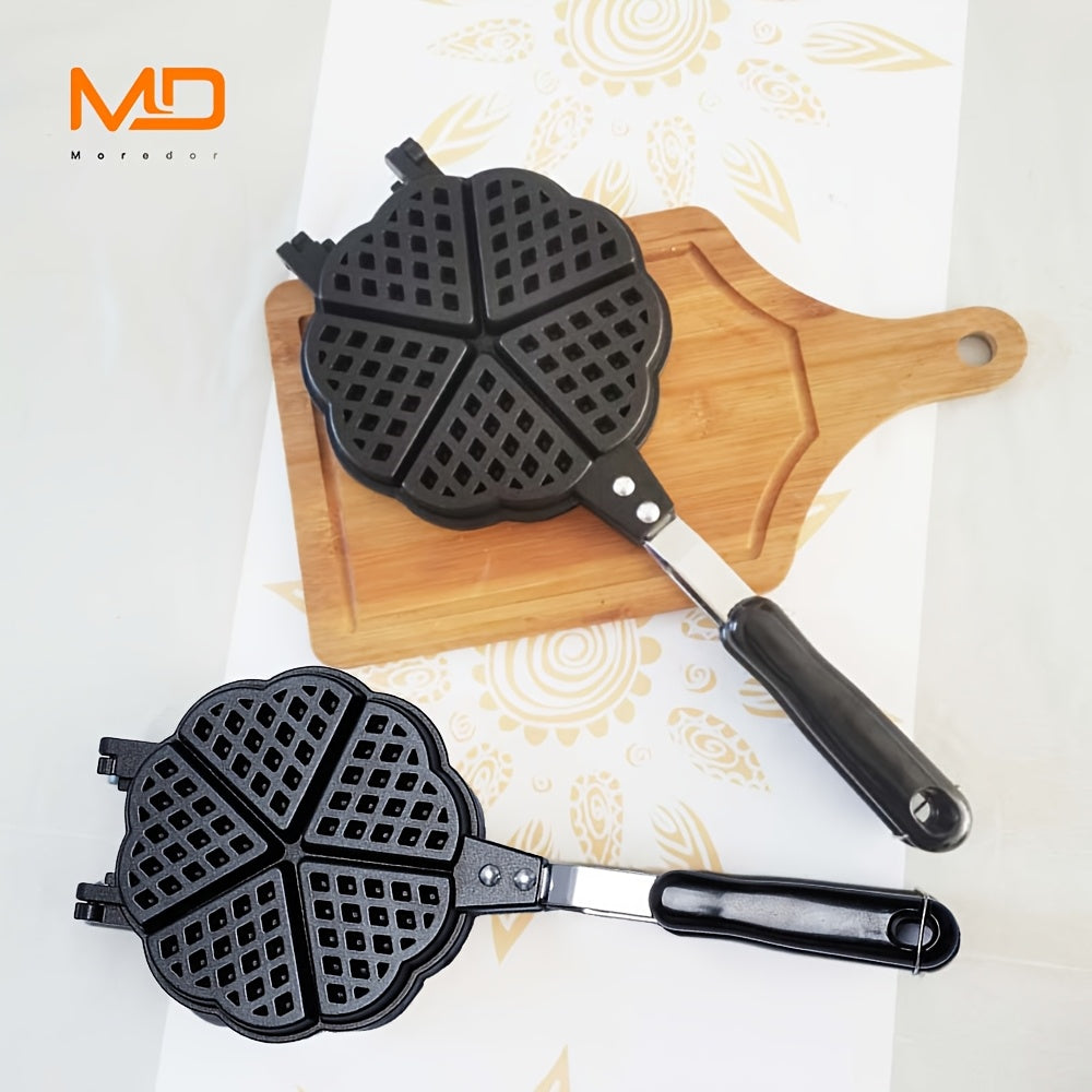 MOREDOR 1 Pieza Sartén de Gofres Doble Cara en Forma de Corazón de 6 Pulgadas - Antiadherente, Hierro Removible con Calentamiento Uniforme y Mango Largo para Waffles Belga, Panqueques y Sandwiches - Compatible con Estufas de Gas, Utensilio de Cocina Dura