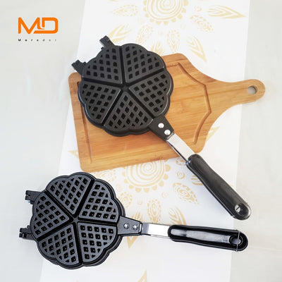 MOREDOR 1 Pieza Sartén de Gofres Doble Cara en Forma de Corazón de 6 Pulgadas - Antiadherente, Hierro Removible con Calentamiento Uniforme y Mango Largo para Waffles Belga, Panqueques y Sandwiches - Compatible con Estufas de Gas, Utensilio de Cocina Dura