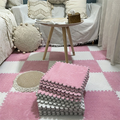 12 piezas de juego de baldosas de alfombra de felpa entrelazadas, alfombras cuadradas lavables de EVA y poliéster para dormitorio, sala de estar y lados del dormitorio, alfombra de área grande, 29,97x29,97 cm