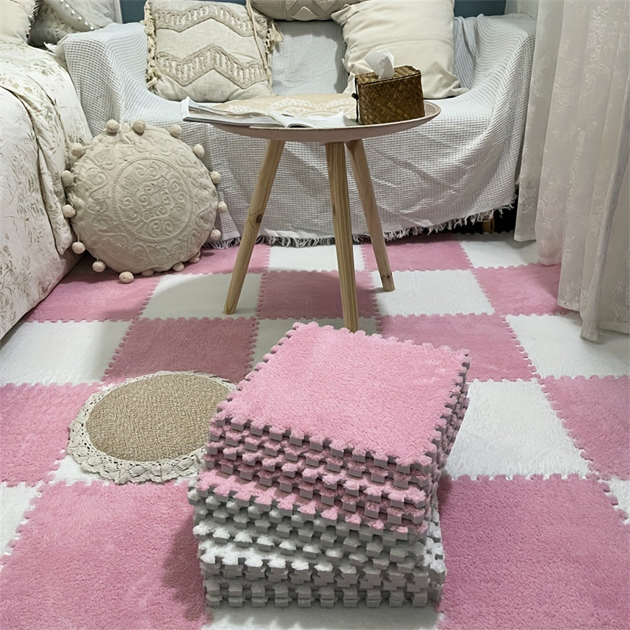 12 piezas de juego de baldosas de alfombra de felpa entrelazadas, alfombras cuadradas lavables de EVA y poliéster para dormitorio, sala de estar y lados del dormitorio, alfombra de área grande, 29,97x29,97 cm
