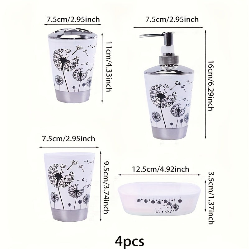Juego de Baño Diente de León de 4 Piezas en Blanco y Negro - Incluye Dispensador de Jabón, 2 Tazas y Bandeja de Almacenamiento - Ideal para Regalar y Mejorar la Decoración del Hogar