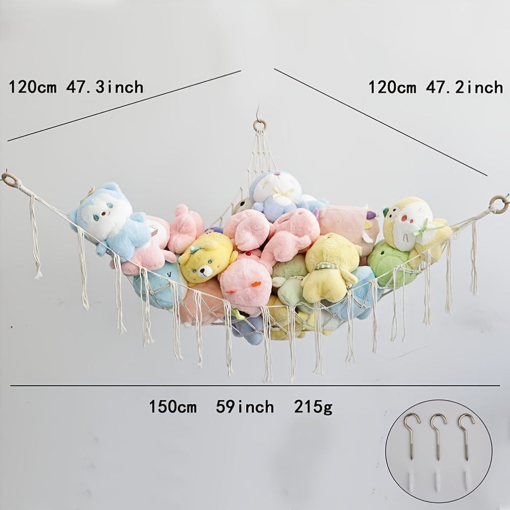 Hamaca colgante de almacenamiento tejida a mano con cuerda de peluche para juguetes de pedestal