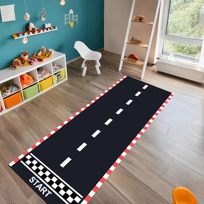 1pc, Tela de pista negra y blanca, 60*250 cm, corredor de poliéster inspirado en pistas de carreras, decoración para fiestas de cumpleaños, decoración para eventos y reuniones deportivas con tema de carreras, alfombra de pista deportiva para fiestas con