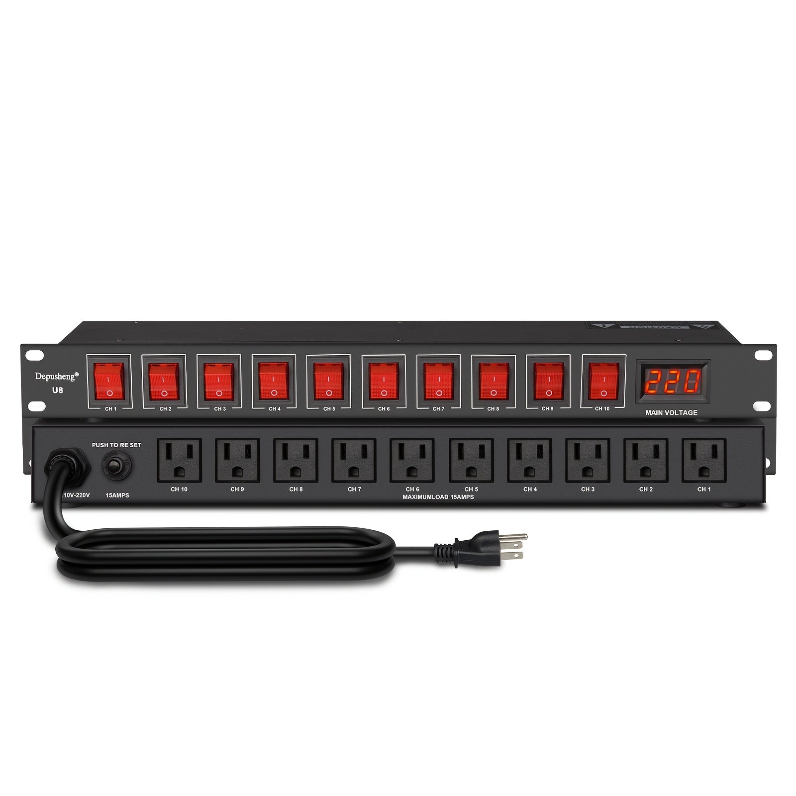 DEPUSHENG 10 enchufes de secuencia de energía y protección contra sobretensiones con pantalla LCD - 220V AC 60Hz, interruptores independientes, protección contra sobrecarga para escenario, estudio, cine en casa, protección de equipo de escenario, acabado