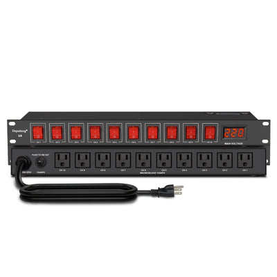 DEPUSHENG 10 enchufes de secuencia de energía y protección contra sobretensiones con pantalla LCD - 220V AC 60Hz, interruptores independientes, protección contra sobrecarga para escenario, estudio, cine en casa, protección de equipo de escenario, acabado