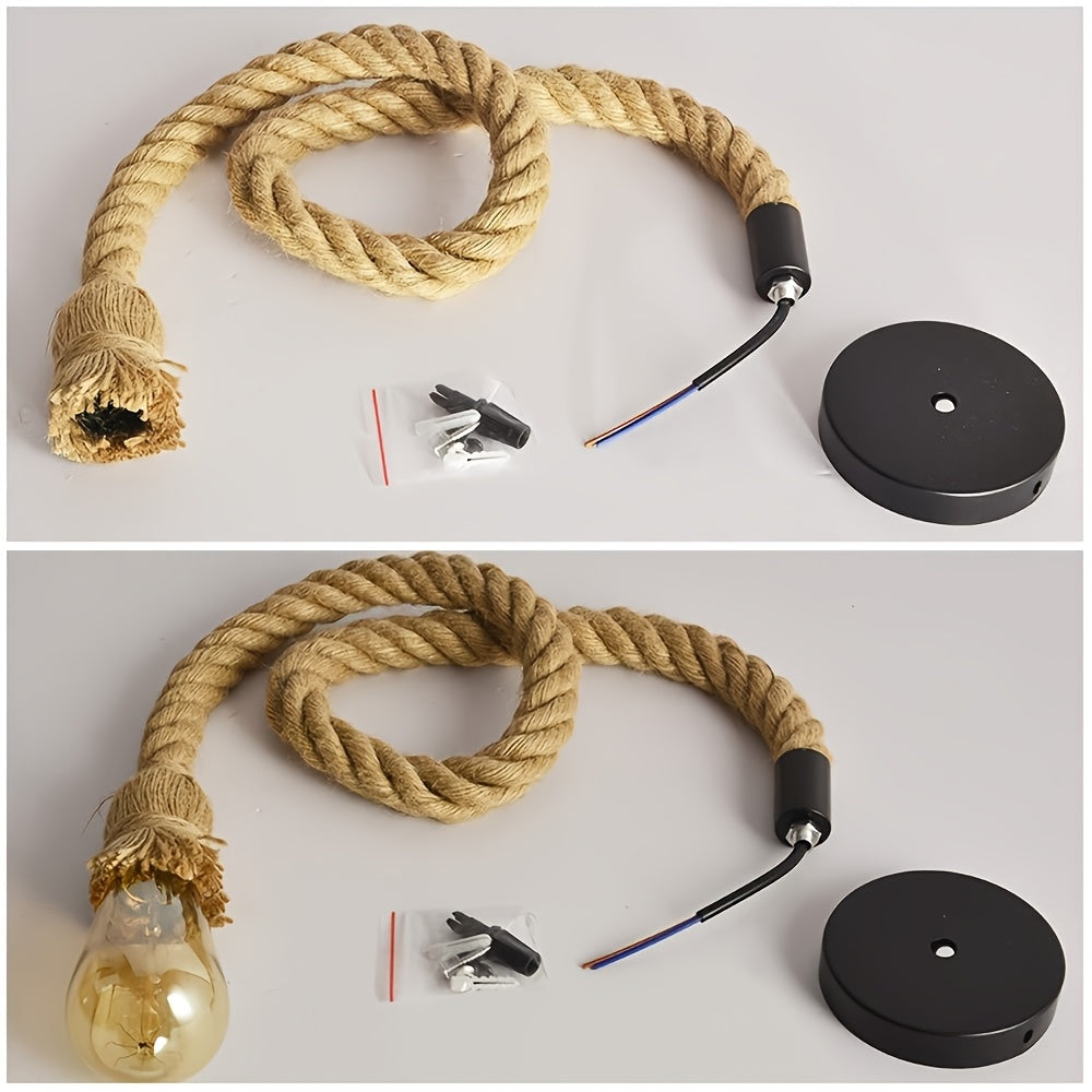 Lámpara colgante de cuerda de cáñamo con base E27, estilo vintage para decoración del hogar, instalación semiempotrada, 110V-240V, incluye hardware de instalación, iluminación de textura natural, lámpara de sala, encanto rústico
