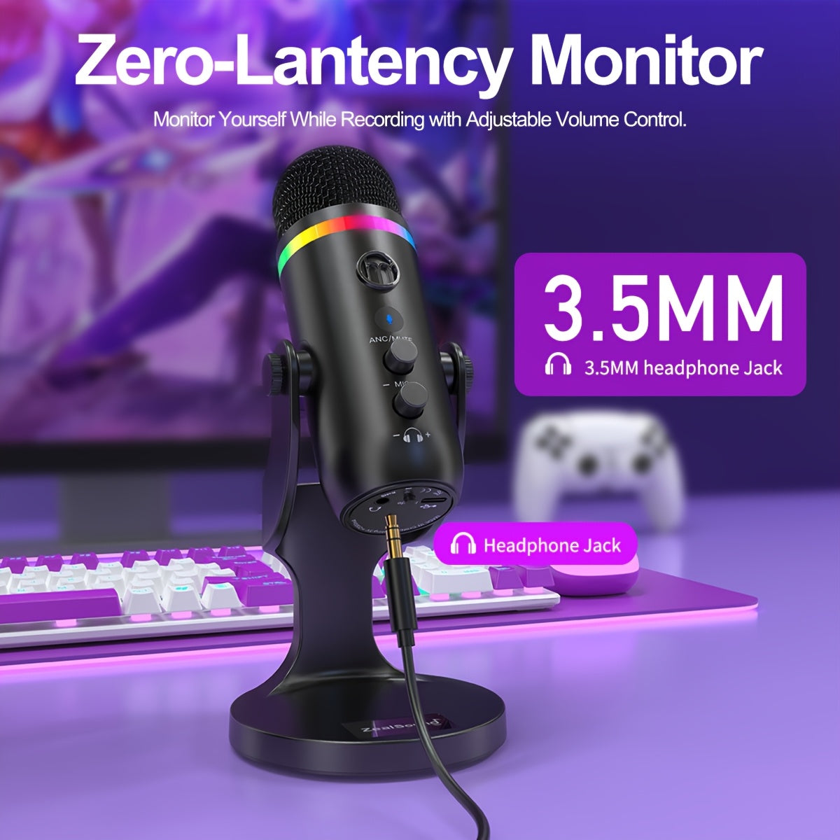 Micrófono USB ZealSound para PC/Mac/Windows/telefonos Type-C, micrófono de condensador con cancelación de ruido, silencio táctil, ganancia, eco, monitoreo, luz RGB para transmisión, podcast, Twitch, Discord, computadora, PS4, PS5, Mac, Gamer Wave