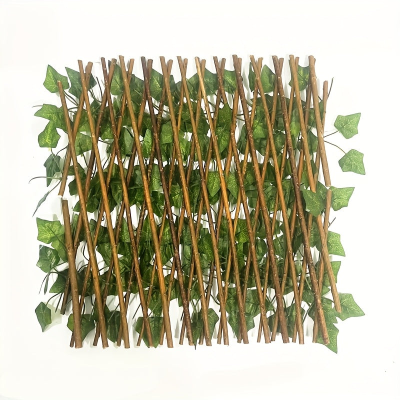 Paquete de 1 Valla de Privacidad Expandible de Madera Maciza - Diseño Ajustable con Hojas y Vegetación Artificial, Madera Marrón de Abeto para Jardín, Patio, Balcón - Barrera Decorativa Exterior para Navidad, Protección Solar, Mascotas & Decoración Rústi