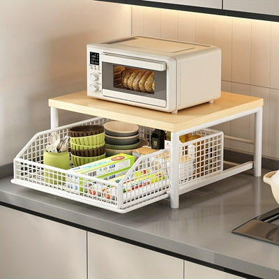 Estantería Moderna para Microondas con Cajón(es) - Estructura Robusta de Madera y Metal, Organizador de Encimera Ahorrador de Espacio para Electrodomésticos, Utensilios, Platos y Más - Solución de Almacenamiento Estilo y Durabilidad sin Necesidad de Elec