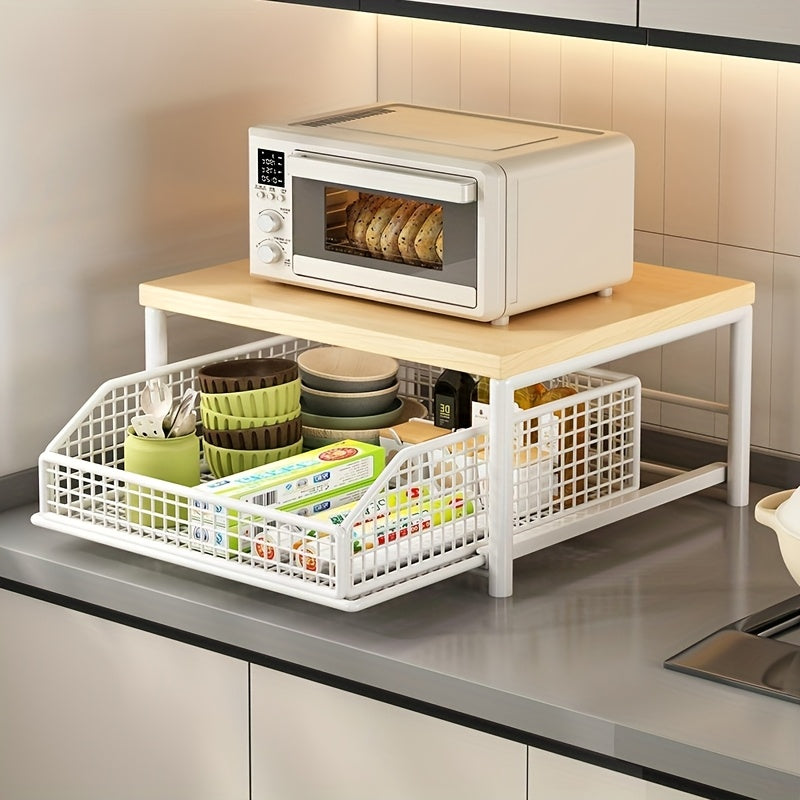 Estantería Moderna para Microondas con Cajón(es) - Estructura Robusta de Madera y Metal, Organizador de Encimera Ahorrador de Espacio para Electrodomésticos, Utensilios, Platos y Más - Solución de Almacenamiento Estilo y Durabilidad sin Necesidad de Elec