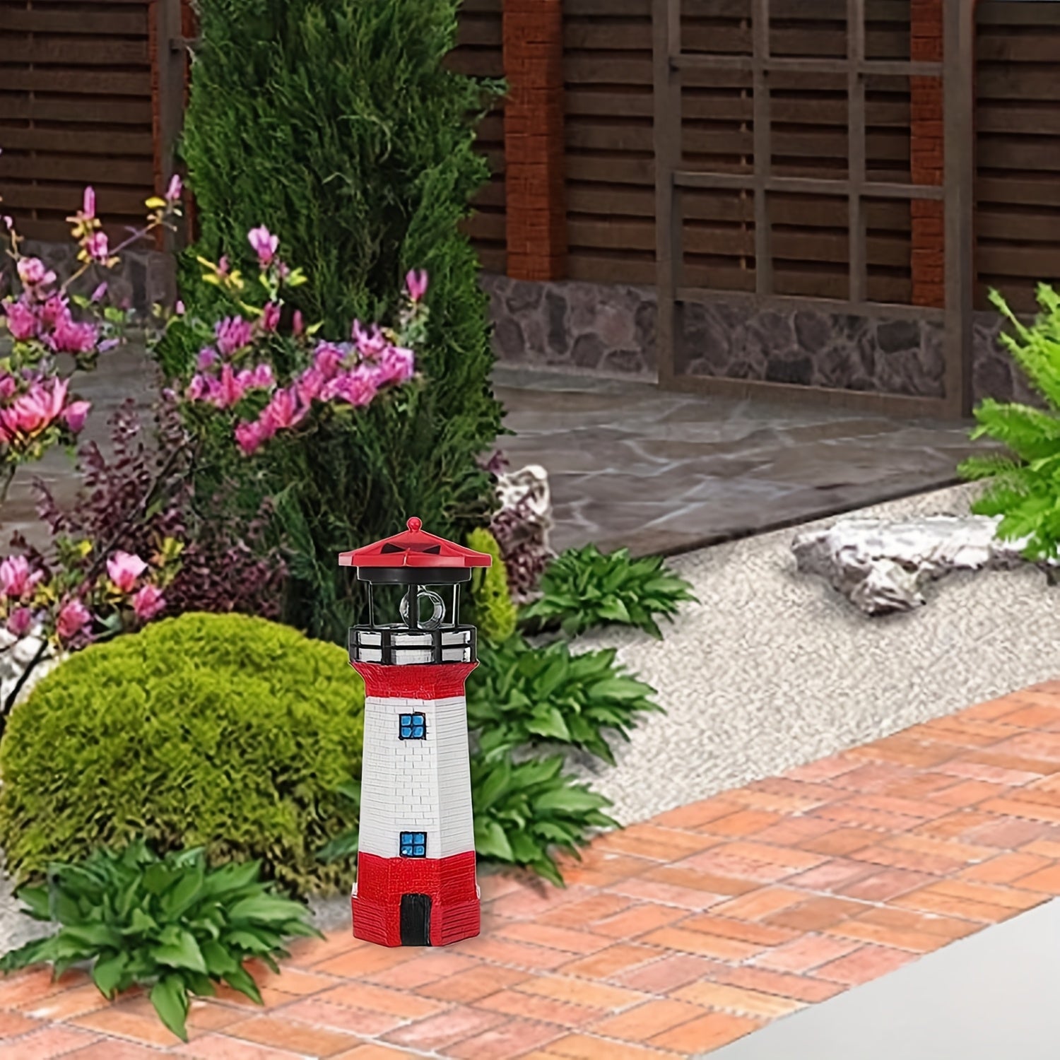 Farol Solar Giratorio para Exteriores, Luces de Jardín con Sensor Inteligente en Forma de Faro LED Rotativo, Decoración para Cercas y Patios con Haz Giratorio (Color: Rojo)
