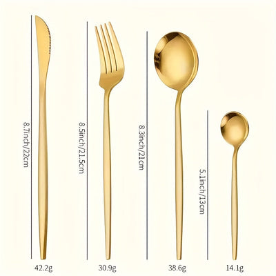 8/24 piezas, juego de vajilla dorada elegante, incluye cuchillos para bistec, tenedores para ensalada, cucharas para cena y cucharas para postre, acero inoxidable pulido al espejo, duradero y apto para lavavajillas, adecuado para uso festivo.