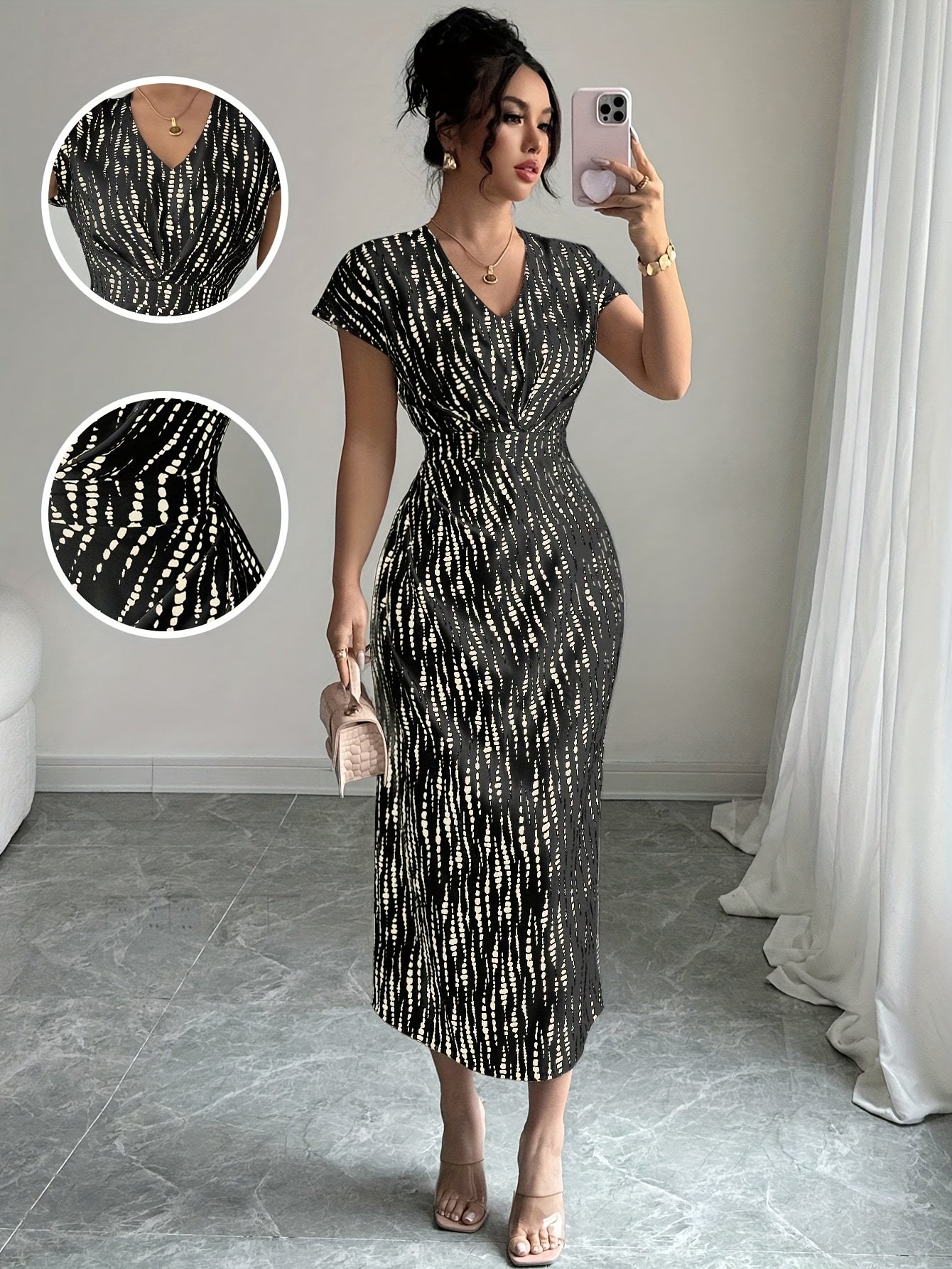 Vestido midi elegante retro floral para mujer - Cuello en V, manga corta, detalle de cremallera, perfecto para el trabajo y las vacaciones, ajuste para todas las estaciones, vestido casual | Estampado floral vintage | Vestido con detalle de cremallera