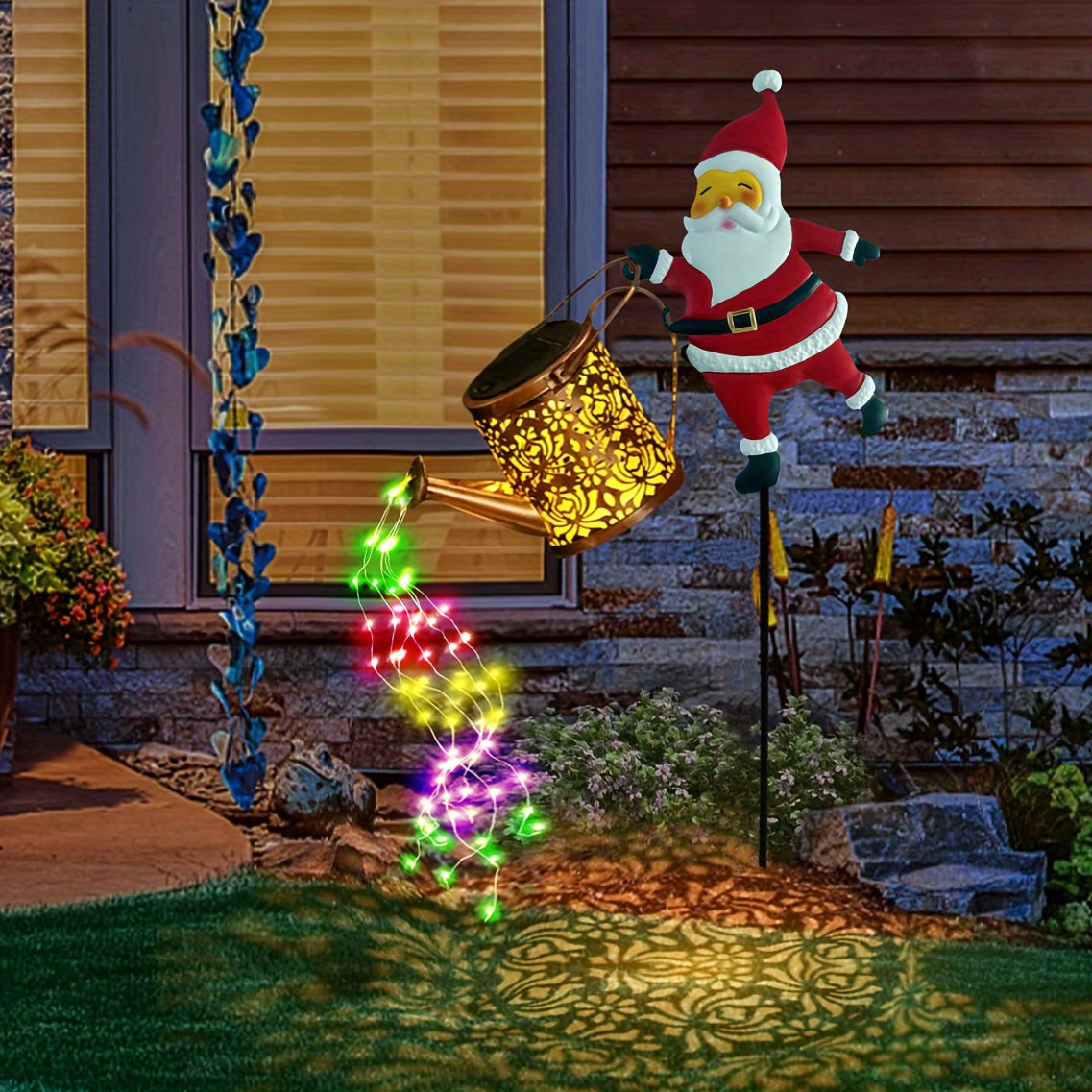 Tetera solar con luz, tetera con diseño de Santa Claus colorido, luces LED solares para interiores y exteriores, ideal para dormitorio, jardín, terraza, fiestas en el patio, bodas y decoración navideña