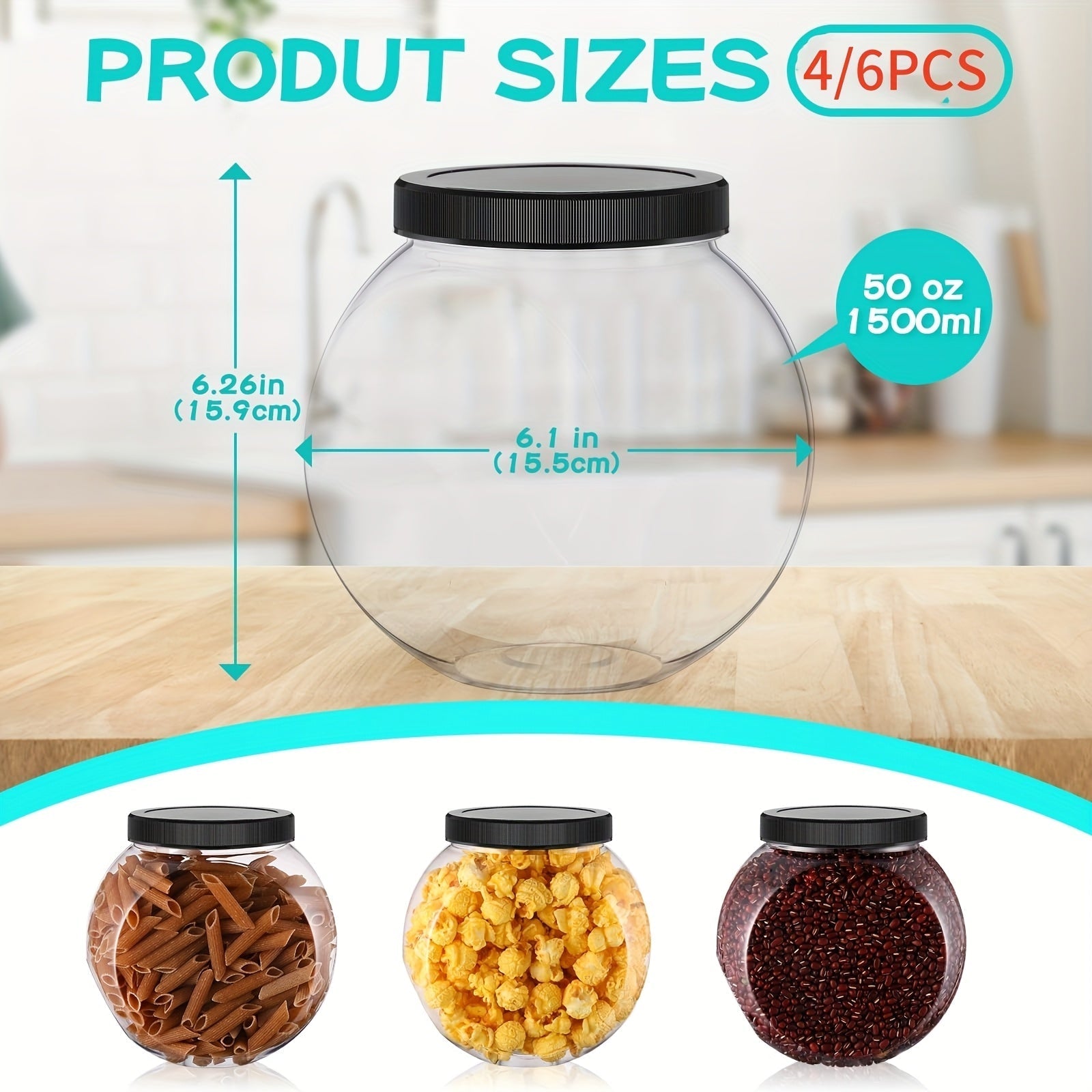 4/6pcs Tarros de Plástico para Dulces con Tapas Adecuados para Buffet, Contenedores Grandes Transparentes para Almacenamiento de Comida, Recipientes para Encimera de Cocina para Galletas, Frijoles y Snacks, Uso Interior o Exterior en Bodas (60oz)