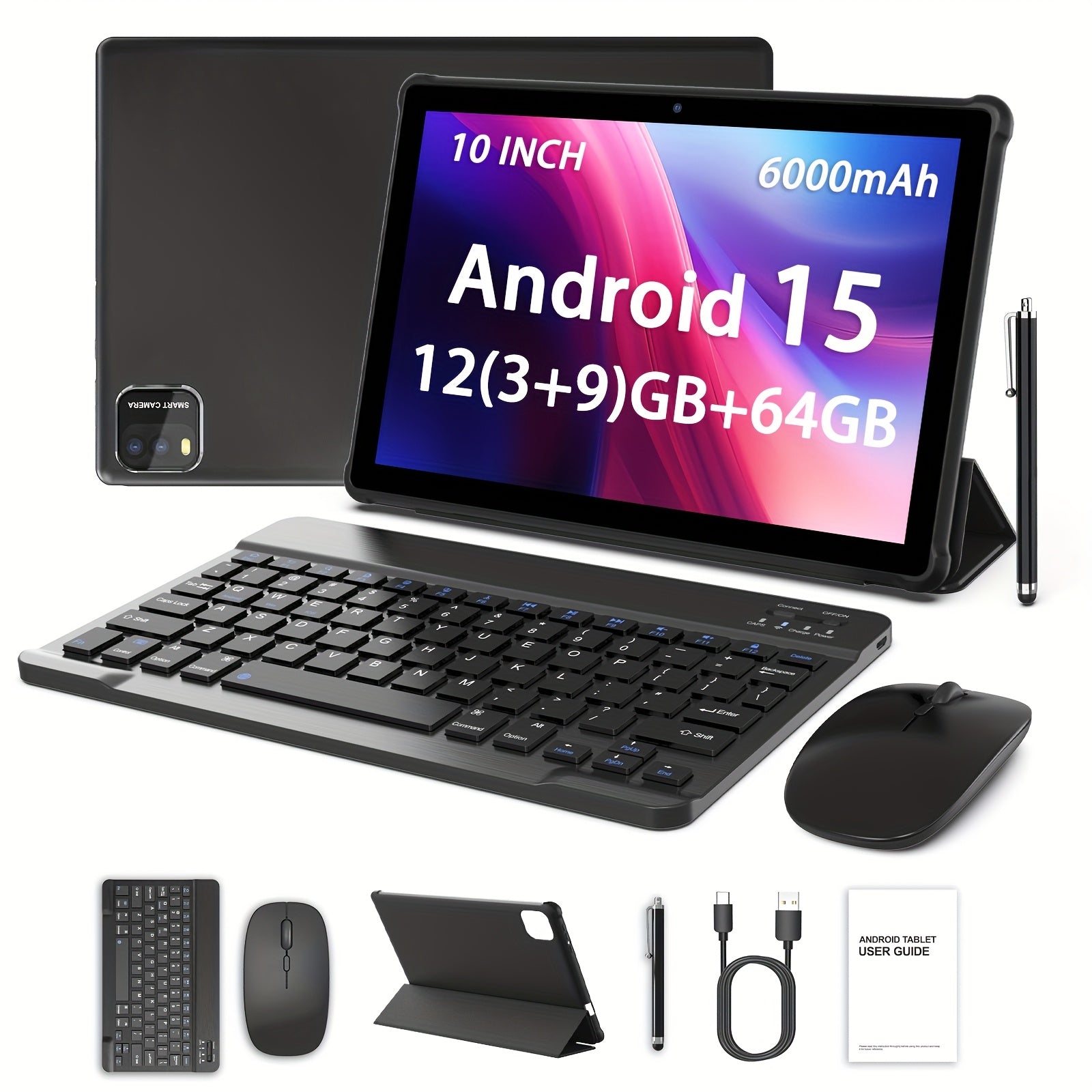 Tableta Android 15 nueva de 2025 con pantalla HD protectora ocular de 10.1 pulgadas, 64GB ROM, 12GB (3GB + 9GB) RAM, incluye teclado, mouse, funda protectora y lápiz óptico, procesador quad-core, cámaras IPS 1280*800, batería grande de 6000mAh, WiFi6 5G,