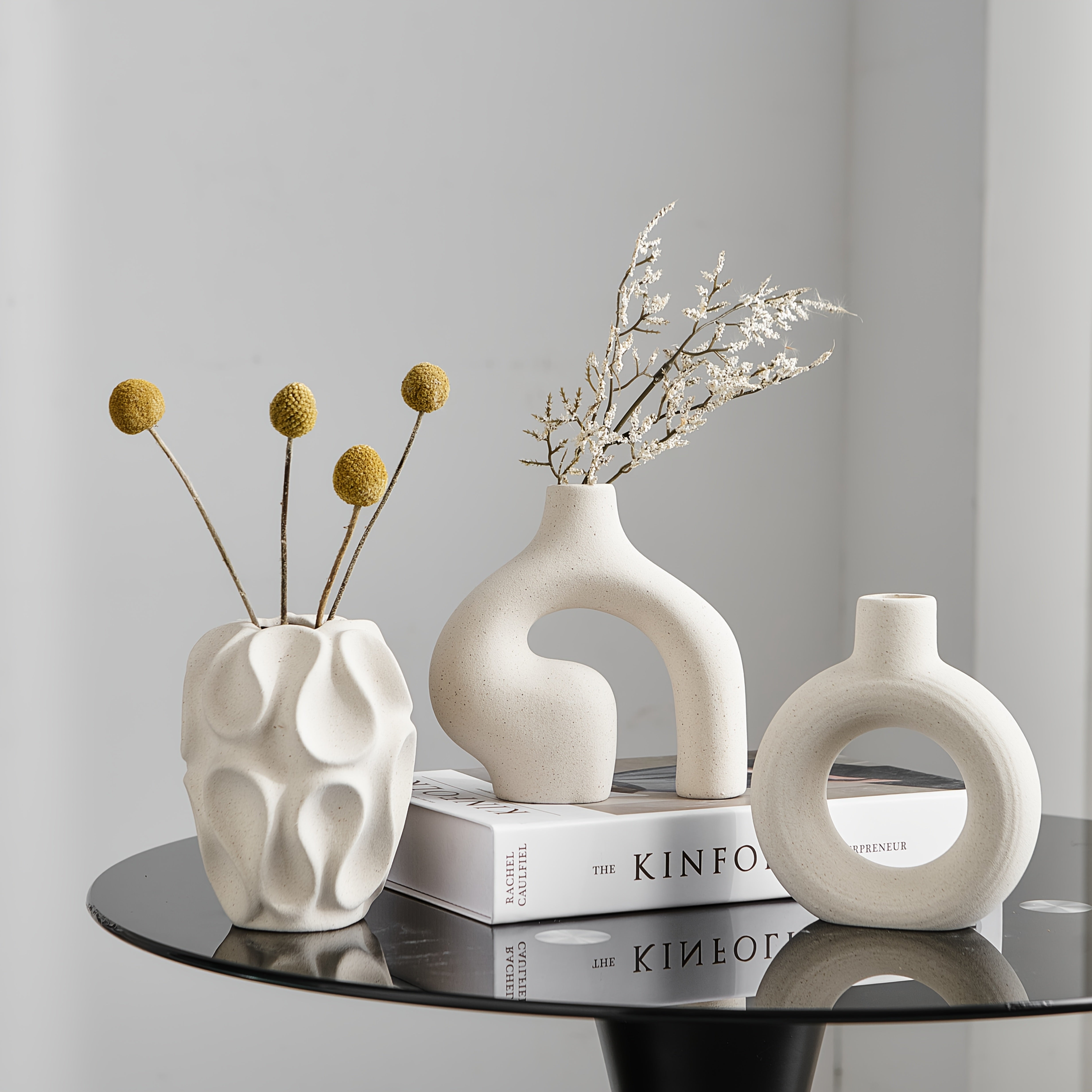 Conjunto de 3 jarrones de cerámica bohemios - Jarrones de capullo de rayas geométricas, forma cilíndrica, decoración minimalista para el hogar para estantes, mesa de café, sala de estar, entrada - No se requieren baterías