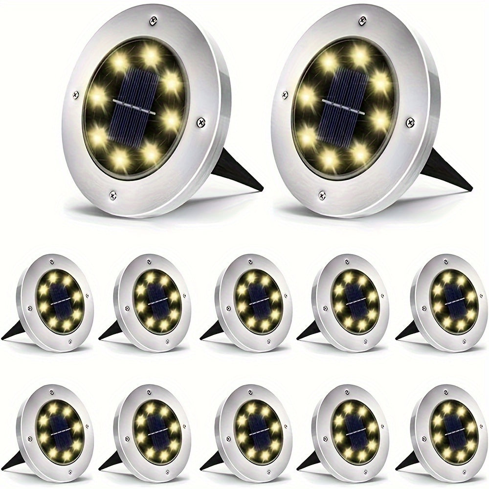 12PCS Luces de jardín solares - Luminaria LED eficiente en energía con sensor de luz, montaje semi-hundido, pantalla de lámpara de acero inoxidable pulido, cuerpo de ABS, fixture decorada con cristal desmontable, base de bombilla B15d, batería de níquel