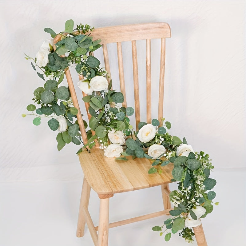 1 pieza de lujosa guirnalda artificial de eucalipto y rosas - Verdura plástica realista para bodas, fiestas en casa, decoración navideña, corredor de mesa y uso al aire libre, no requiere mantenimiento, decoración de bodas, verdura de fiesta, elegante ac