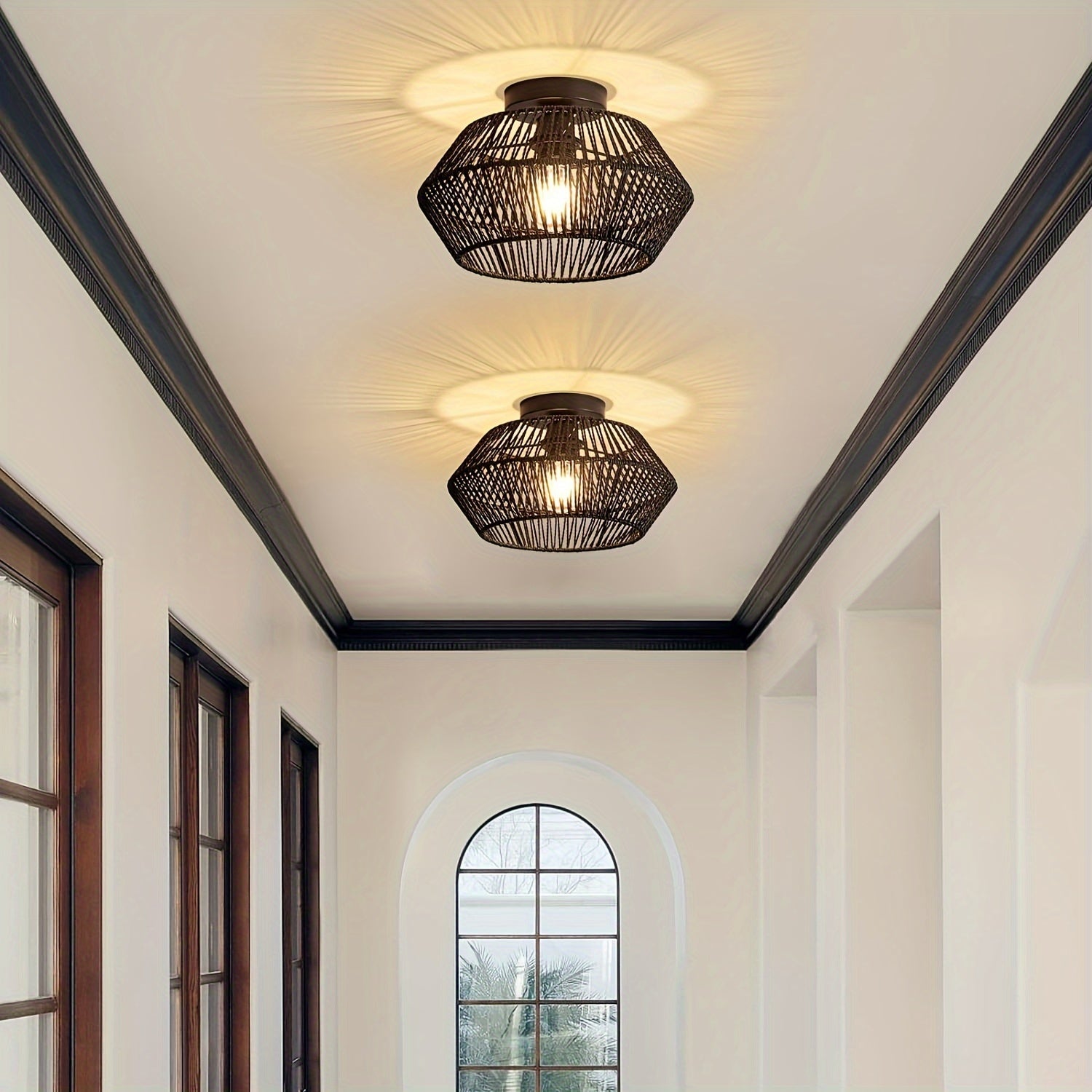 Lámpara de techo estilo boho de mediados de siglo, base E27, montaje semiempotrado, pantalla de 32.0 cm tejida a mano en ratán y metal, acabado barnizado, instalación cableada para dormitorio, pasillo, habitación infantil o sala de estar - Negro