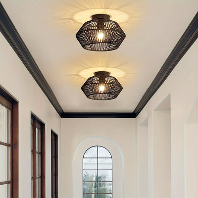 Lámpara de techo estilo boho de mediados de siglo, base E27, montaje semiempotrado, pantalla de 32.0 cm tejida a mano en ratán y metal, acabado barnizado, instalación cableada para dormitorio, pasillo, habitación infantil o sala de estar - Negro