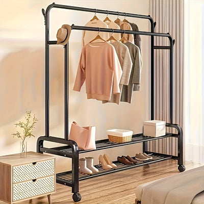 Organizador de Ropa con Ruedas - Estantería Doble para Secado y Almacenamiento de Zapatos, Soporte Plástico Resistente para Dormitorio o Armario, Solución Multifuncional Ahorradora de Espacio, Diseño Eficiente con Barras Dobles