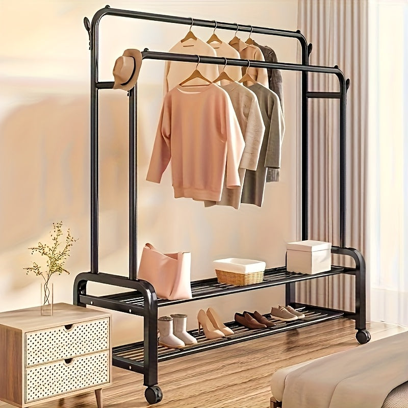 Organizador de Ropa con Ruedas - Estantería Doble para Secado y Almacenamiento de Zapatos, Soporte Plástico Resistente para Dormitorio o Armario, Solución Multifuncional Ahorradora de Espacio, Diseño Eficiente con Barras Dobles