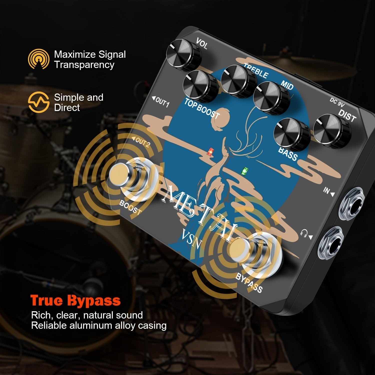 Pedal de Guitarra VSN Heavy Metal con True Bypass, Sonidos Vintage de los 80s/90s, Alimentación USB (Sin Adaptador Incluido), Controles EQ (Agudos/Medios/Bajos/Aumento/Volumen/Distorción), Muff Top Boost Integrado para Guitarras Eléctricas, Rock, Metal,