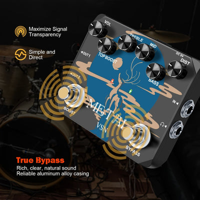 Pedal de Guitarra VSN Heavy Metal con True Bypass, Sonidos Vintage de los 80s/90s, Alimentación USB (Sin Adaptador Incluido), Controles EQ (Agudos/Medios/Bajos/Aumento/Volumen/Distorción), Muff Top Boost Integrado para Guitarras Eléctricas, Rock, Metal,
