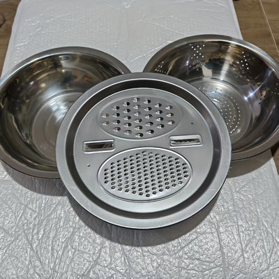 Juego de 3 tazones de acero inoxidable para cocina, tazones multifuncionales seguros para alimentos, con rallador integrado, inserto desmontable para rebanar en capas y sistema de escurrido, para lavar y cortar frutas, verduras y queso