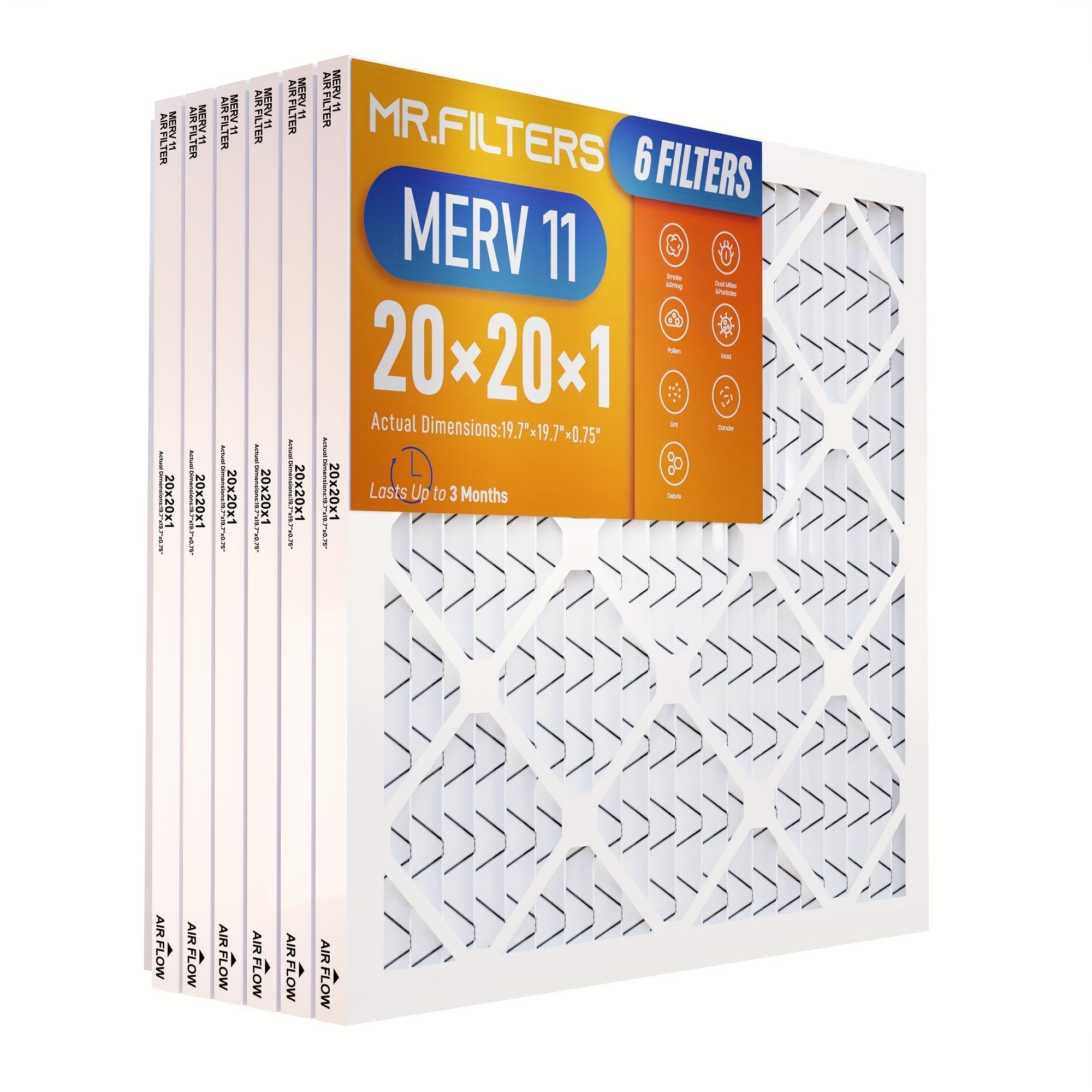 6pcs Filtros de Aire Plisados Mr.Filters MERV8/MERV11/MERV13, 50.8x50.8 cm, Defensa contra el Polvo para HVAC AC Calentador, Compatible con Estufa, Material de Metal y PET, Filtros de Repuesto para el Hogar