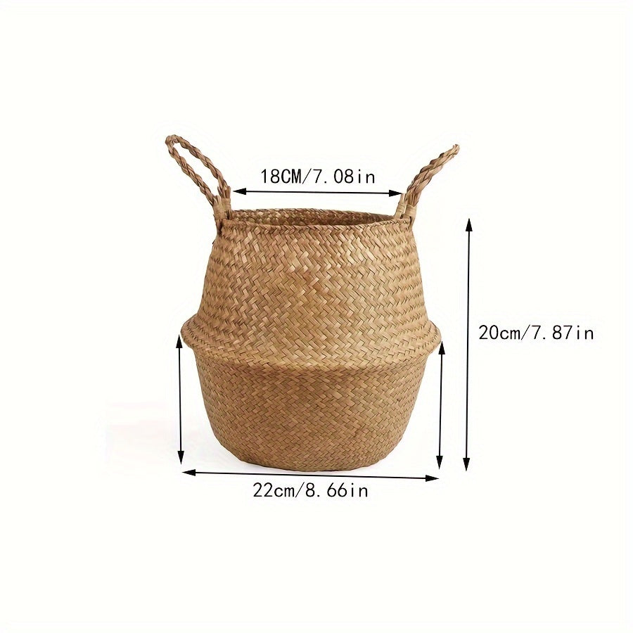 Cesta de almacenamiento rústica de fibra de palma, parte superior abierta, vista de ventana, material de tela, estilo vintage, para plantas, ropa, picnic, víveres, organizador para el hogar y la cocina
