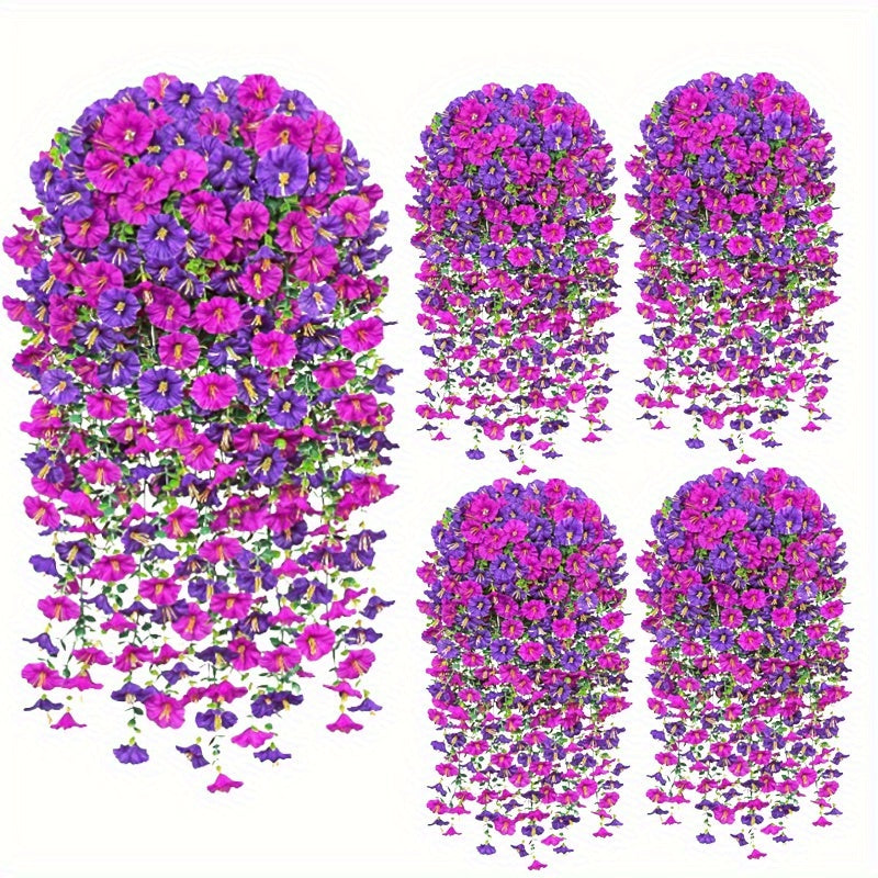 4 Piezas de Flores Colgantes Realistas de Gloria Matutina - Decoración Floral en Morado y Rosa, Sin Necesidad de Electricidad, Uso Todo el Año para Interior/Exterior - Construcción Duradera de Plástico para Bodas, Fiestas, Jardín, Hogar, Acción de Gracia