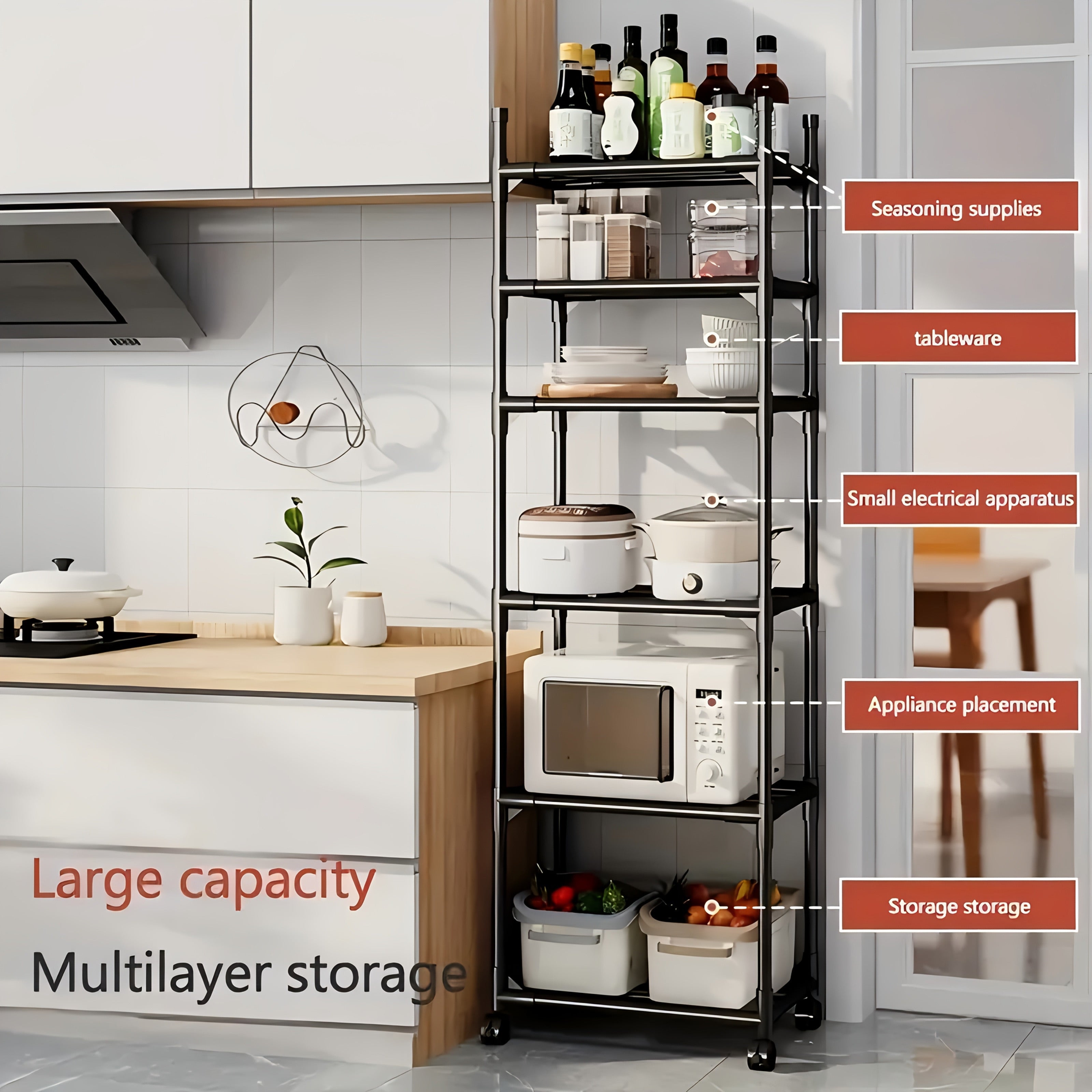 Carro de almacenamiento metálico ajustable de 6 niveles con ruedas y ganchos - Organizador multifuncional para cocina, dormitorio, baño y habitación de lavandería - Diseño que ahorra espacio para almacenar botellas de especias, utensilios, etc. | Estilo