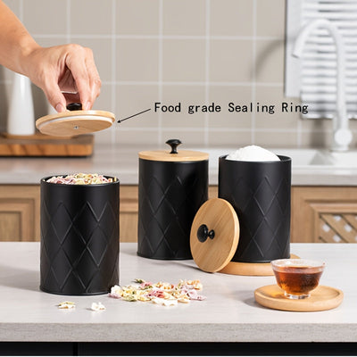 Conjunto de 3 piezas de tarro metálico negro sellado, Contenedor de almacenamiento de malla circular con tapa de bambú sellada para encimera de cocina, Adecuado para almacenar granos de café, té, dulces y cereales - Reutilizable