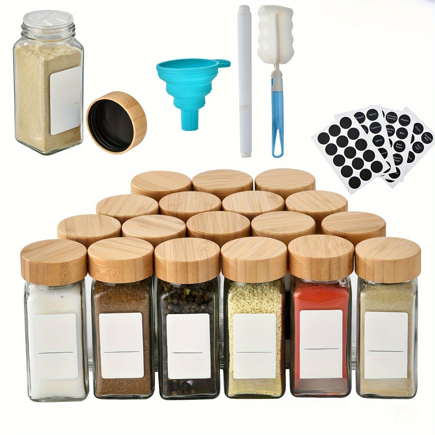6, 12, 18 o 24 frascos cuadrados de vidrio para especias de 4 oz con tapa de bambú o aluminio, dispensador de polvo con agujeros, empaque de espuma perlada, ideal para barbacoa al aire libre