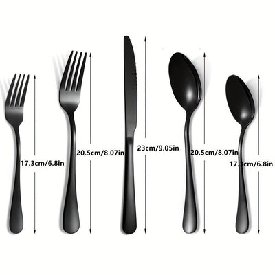 Juego de cubiertos de acero inoxidable estilo occidental, 40 piezas, para 8 personas, color negro, incluye cuchillo, tenedor, cuchara, tenedor de postre y cuchara de postre, ideal para restaurantes familiares, hoteles y banquetes de bodas, seguro para la