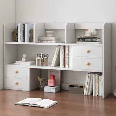 Un conjunto de estanterías para escritorio, ideal para organizar libros y otros artículos en tu escritorio de computadora, con una solución de almacenamiento versátil que se adapta bien a las estaciones de trabajo de computadora.