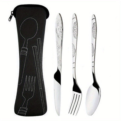 Juego de 3 piezas de cubiertos portátiles, cuchillo, tenedor y cuchara de acero inoxidable con estampado, para camping, barbacoa y uso familiar, incluye bolsa