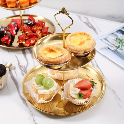 Elegante soporte para cupcakes de acero inoxidable de 2 niveles con asas doradas - Perfecto para celebraciones navideñas, bodas y ocasiones especiales, estante de exhibición seguro para alimentos para pasteles, galletas y refrigerios, ideal para mesa de