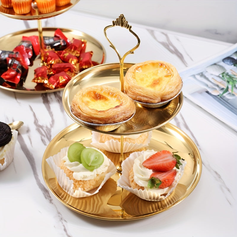 Elegante soporte para cupcakes de acero inoxidable de 2 niveles con asas doradas - Perfecto para celebraciones navideñas, bodas y ocasiones especiales, estante de exhibición seguro para alimentos para pasteles, galletas y refrigerios, ideal para mesa de