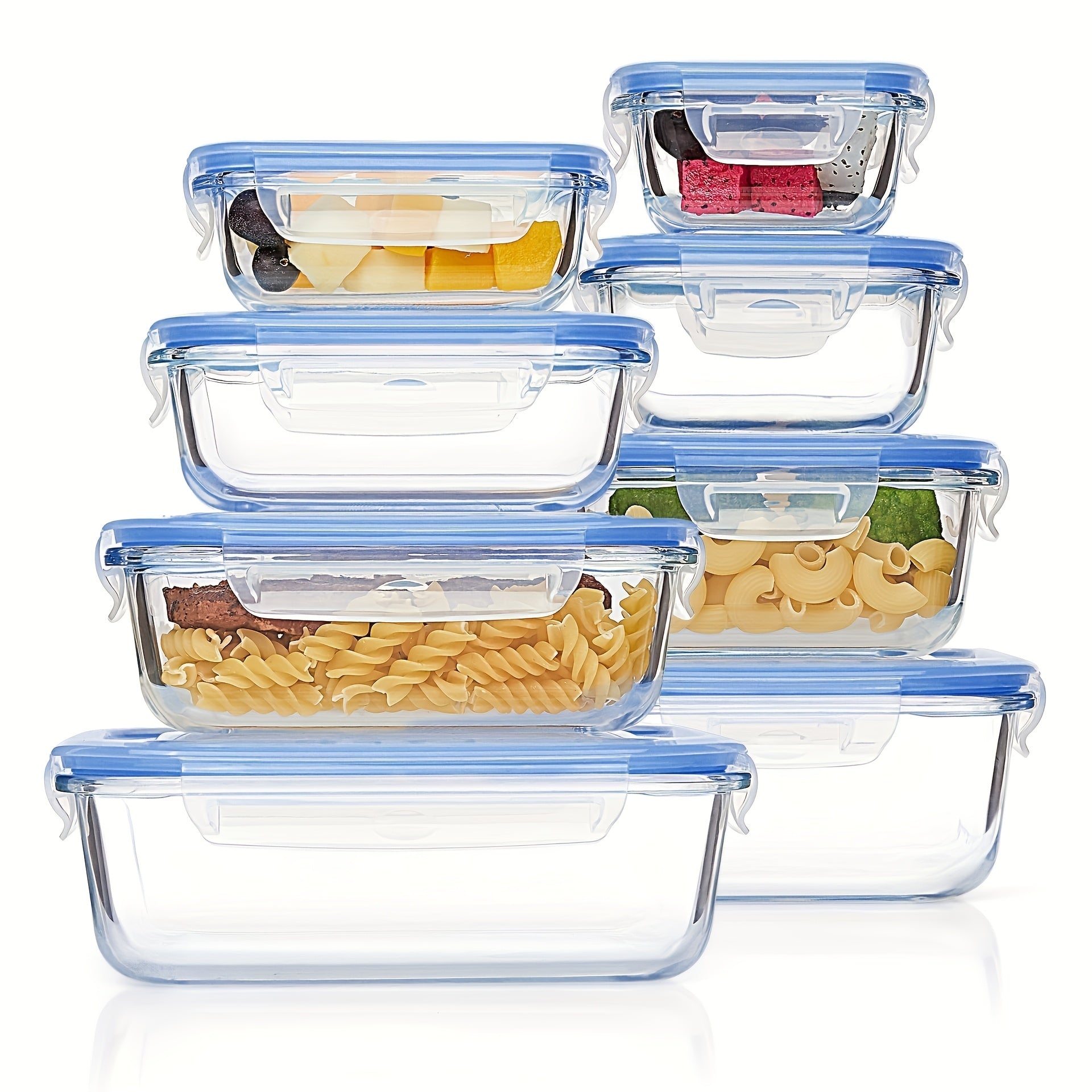Juego de 8 Contenedores de Vidrio para Preparación de Comidas, Apto para Microondas, Horno, Congelador y Lavavajillas, Juego de Contenedores de Vidrio para Almacenamiento Saludable de Alimentos, Frutas, Snacks y Sobras, Libre de BPA