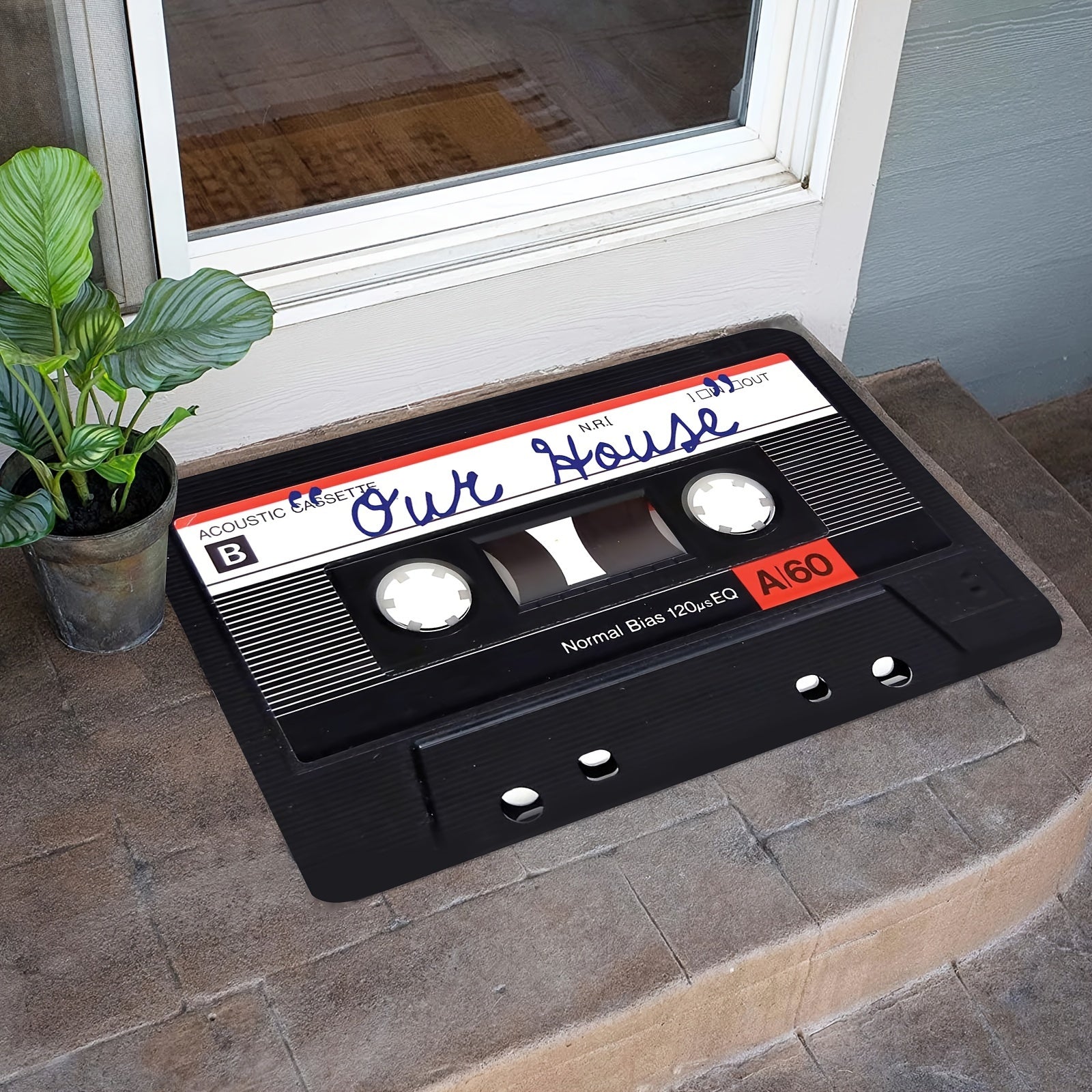 1 alfombra de bienvenida con diseño de casete retro, antideslizante y absorbente de poliéster para interiores, lavable a máquina, respaldo de PVC, decoración rectangular para entrada o porche
