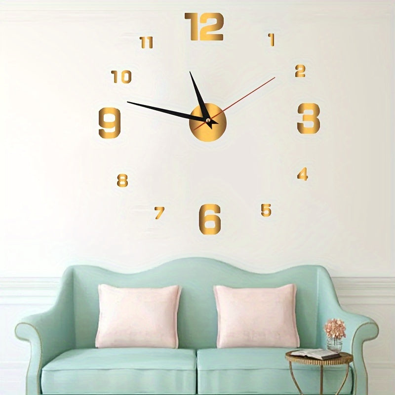 Reloj de Pared Silencioso y Luminoso Moderno - Autoadhesivo, Números Grandes Dorados y Segundero Rojo, Diseño de Espejo Acrílico para Sala o Estudio, Funciona con Pilas (Pila AA No Incluida)
