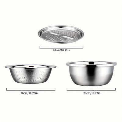 Juego de 3 tazones de acero inoxidable para cocina, tazones multifuncionales seguros para alimentos, con rallador integrado, inserto desmontable para rebanar en capas y sistema de escurrido, para lavar y cortar frutas, verduras y queso